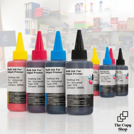 Bottles of refill ink for inkjet printers in cyan, magenta, yellow and black, 100ml each, at The Copy Shop in Matara